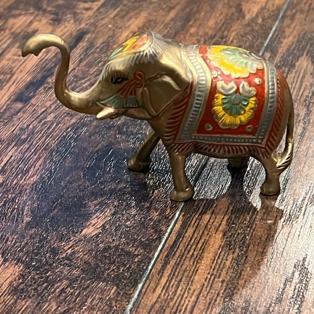 Vintage Chased Brass Elephant Statue | Elephant with Raised Trunk |